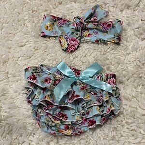 Floral Blue and Pink Kids Headband and Bloomers Set